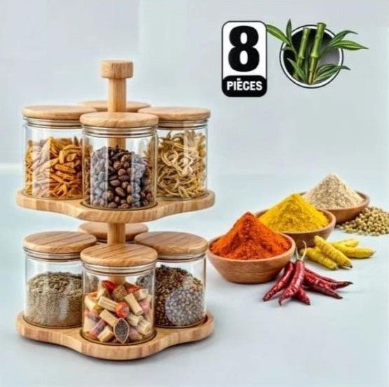 Set de 8 Pots à Épices en Verre avec Support Rotatif en Bambou – Élégant, Compact et Pratique - Image 7