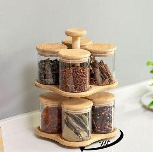 Set de 8 Pots à Épices en Verre avec Support Rotatif en Bambou – Élégant, Compact et Pratique - Image 2